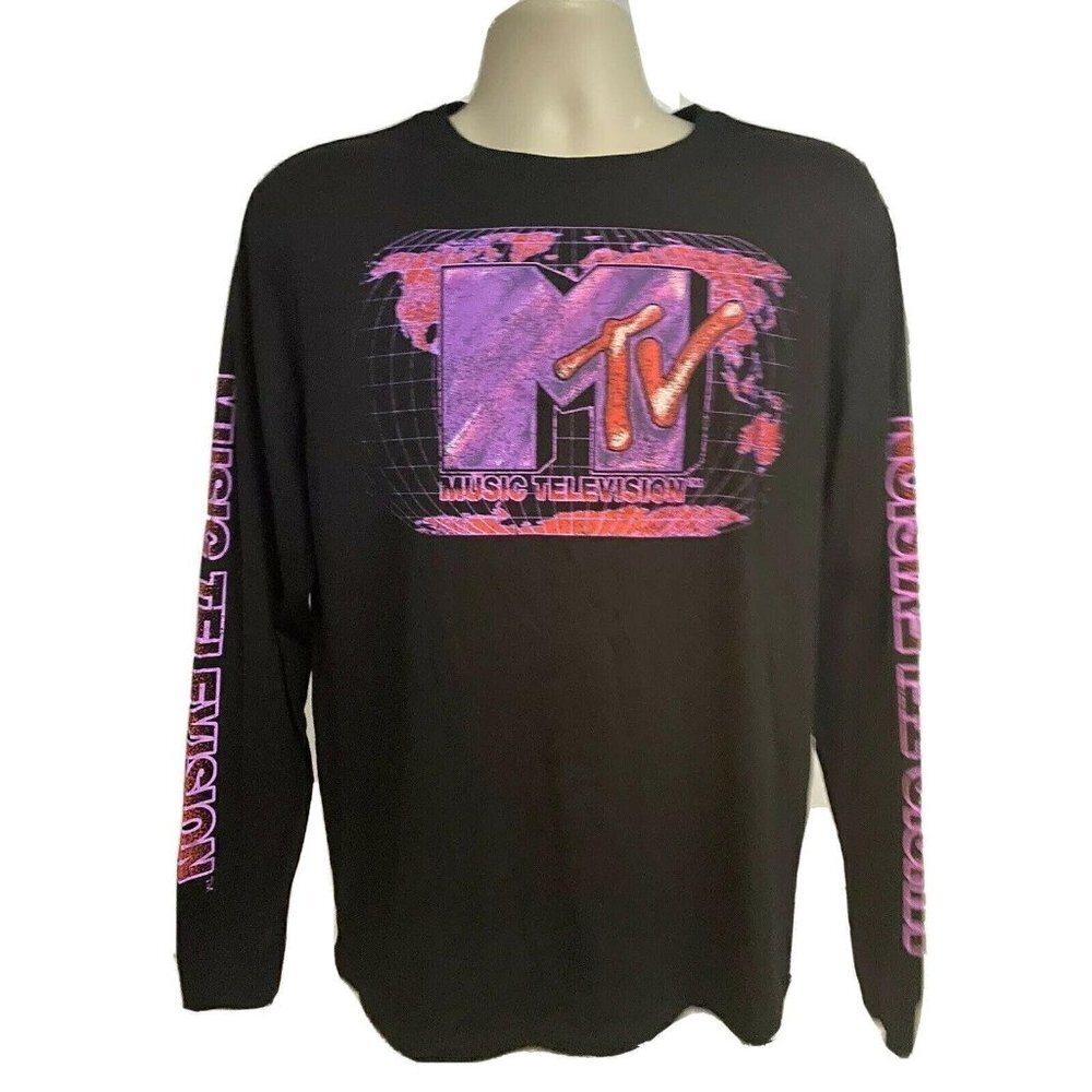 MTV Music Television Retro Black Double Graphic LS T-Shirt Medium Cotton Unisex